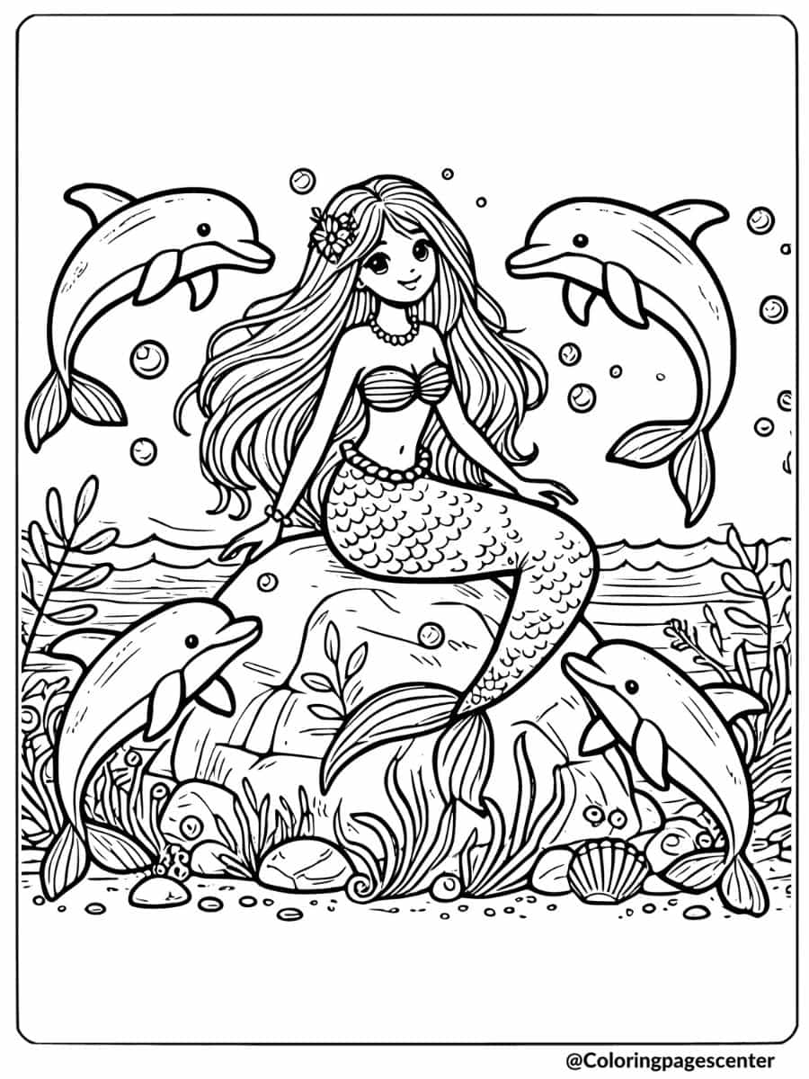 Mermaid sitting on a rock with dolphins coloring page