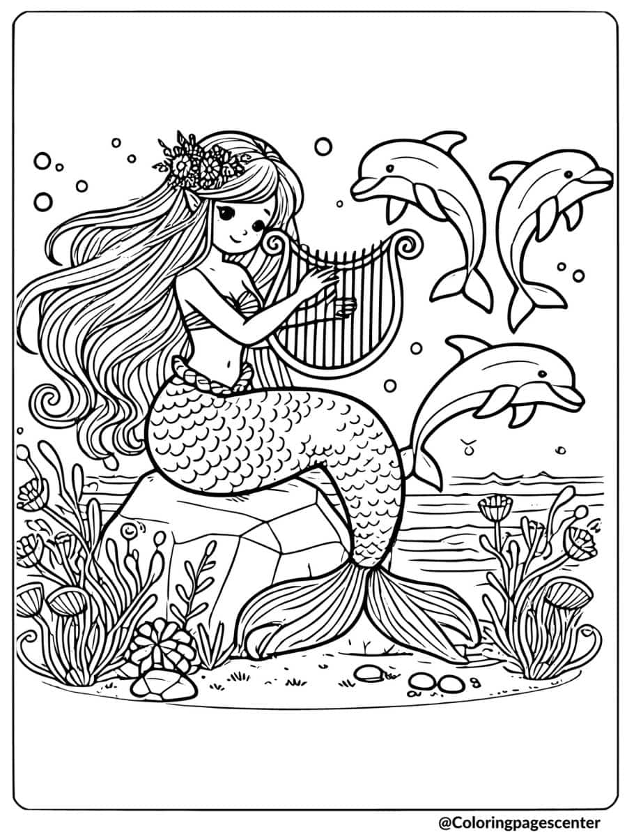 Mermaid playing harp with three dolphins coloring page