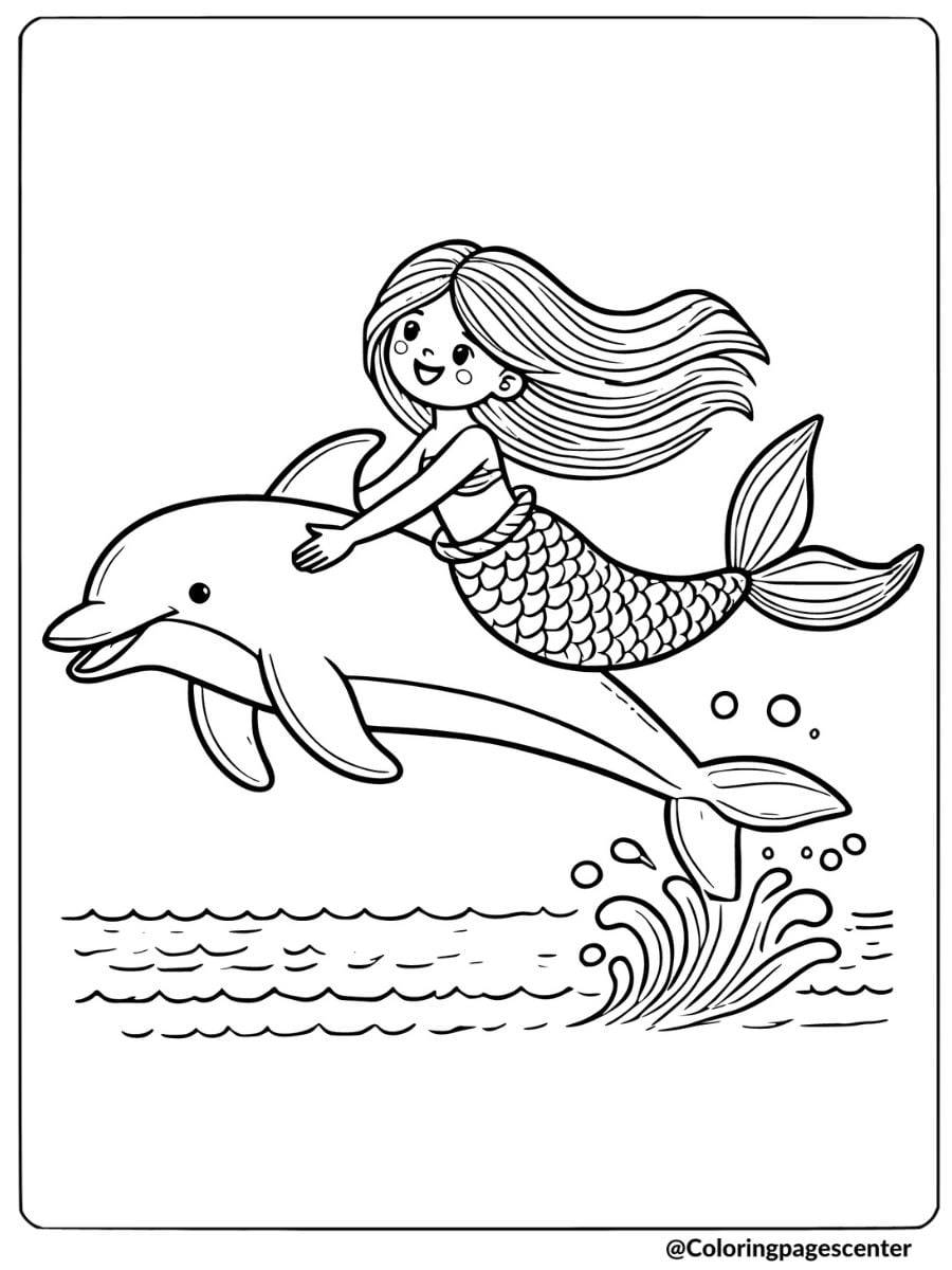 Mermaid riding on dolphin coloring page