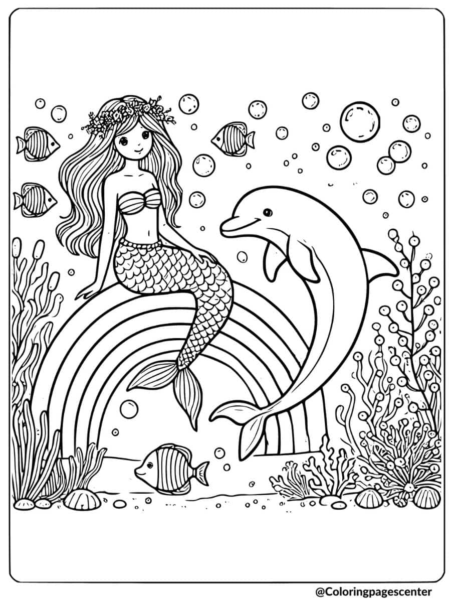 Mermaid sitting on rainbow with dolphin coloring page