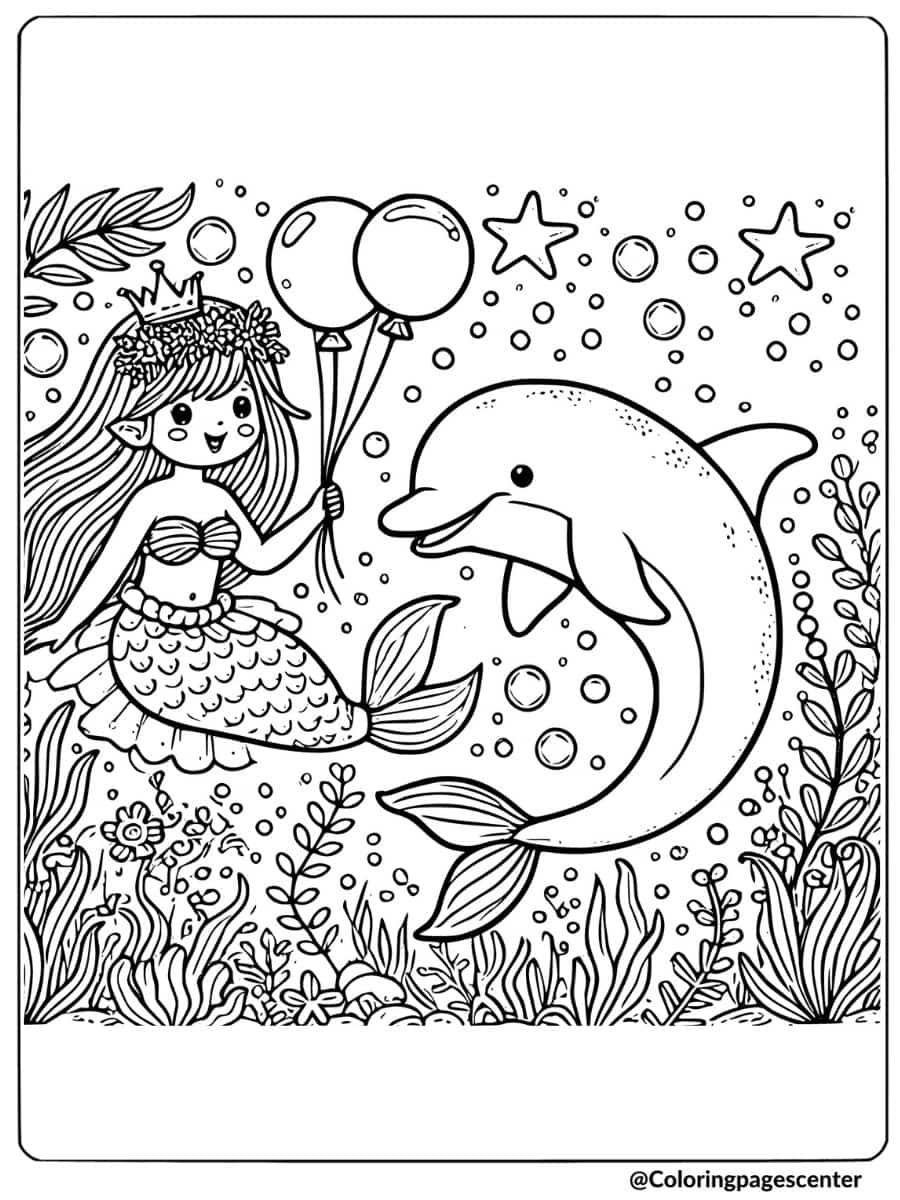 Mermaid holding balloons with dolphin coloring page