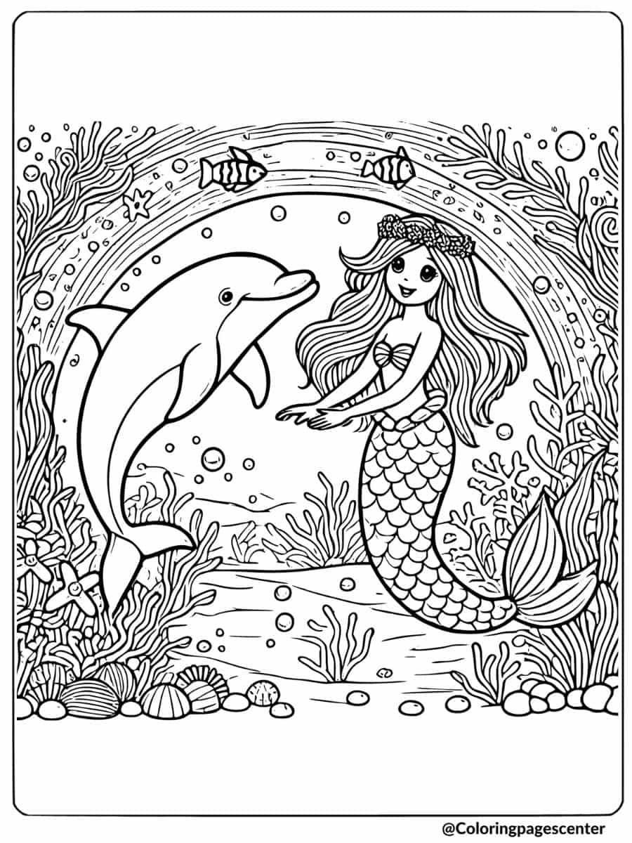 Mermaid with dolphin and fish underwater coloring page