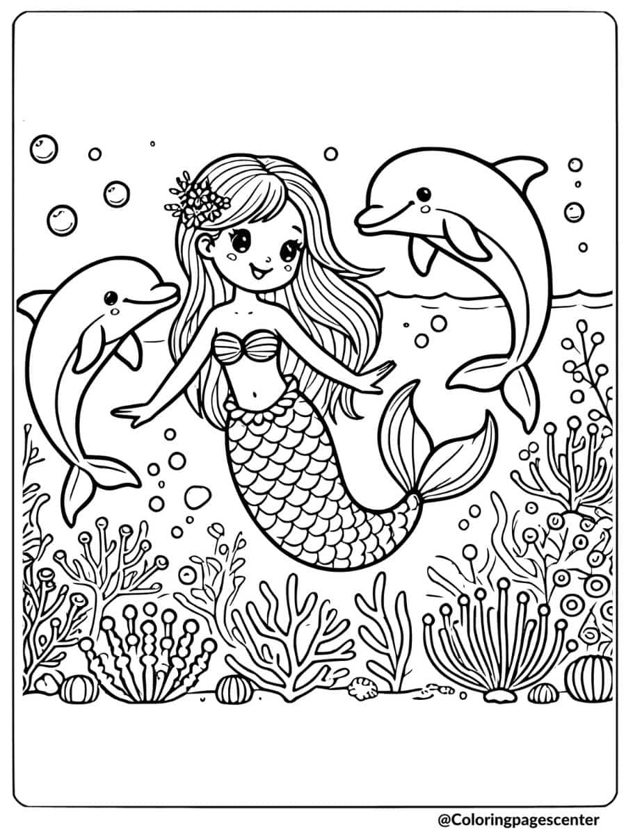 Mermaid surrounded by two dolphins coloring page