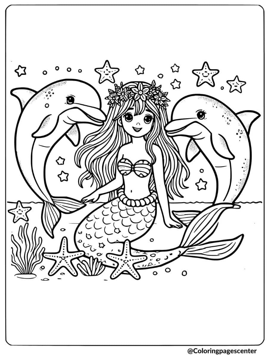 Mermaid smiling with two dolphins and starfish around coloring page