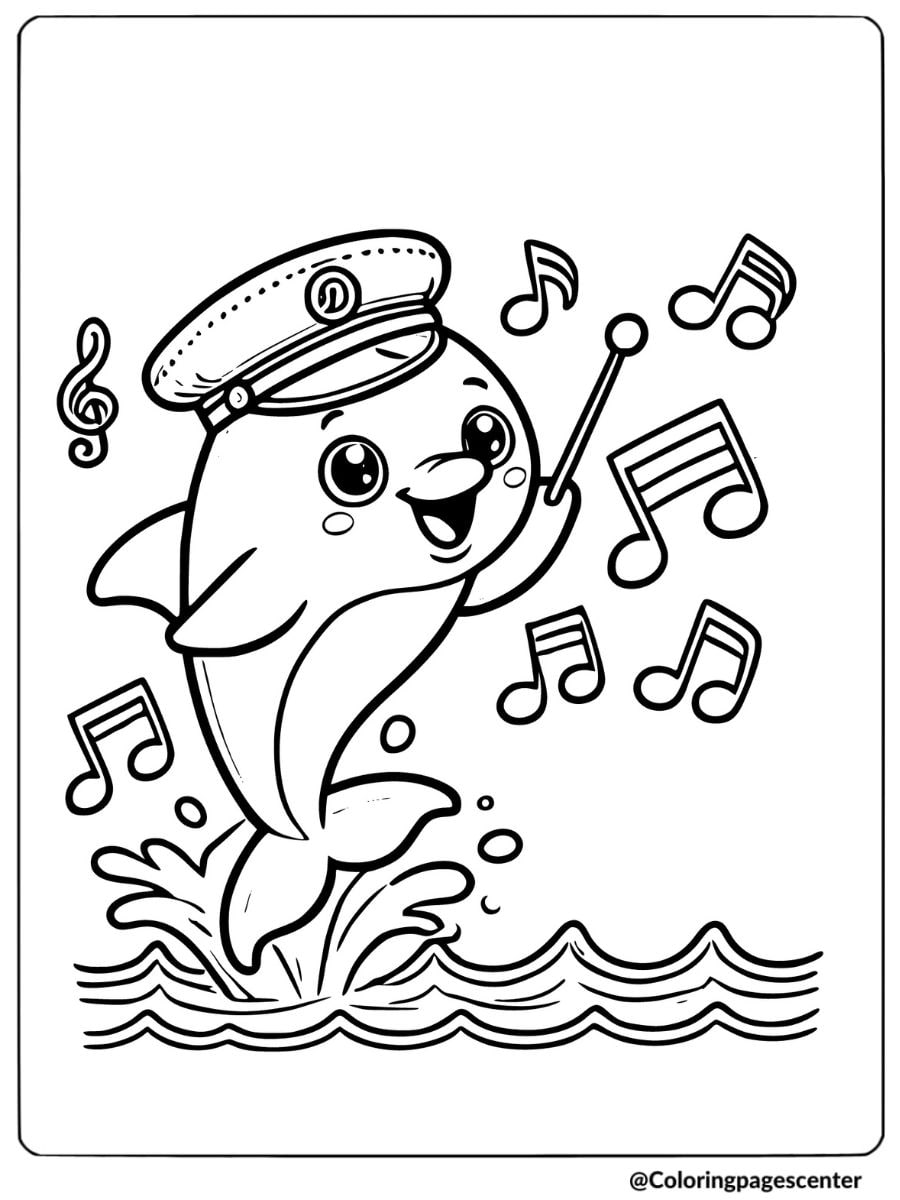 Dolphin conducting music notes in a conductor hat coloring page