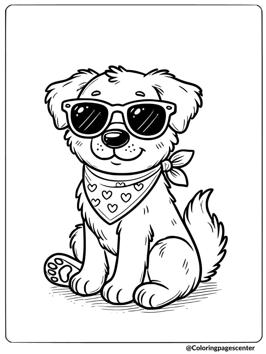 Easy dog coloring page of a stylish dog wearing sunglasses and a bandana