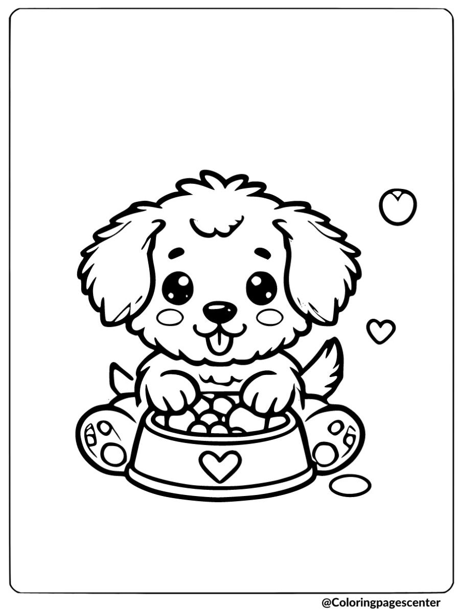 Easy dog coloring page of a dog happily eating from a bowl with heart