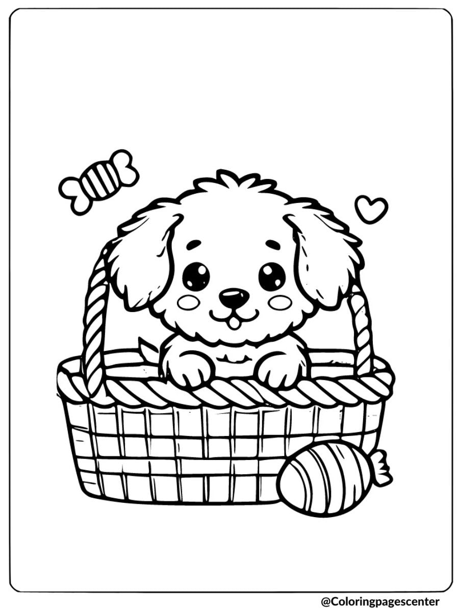 Easy dog coloring page of a cute dog peeking out of a basket with toys