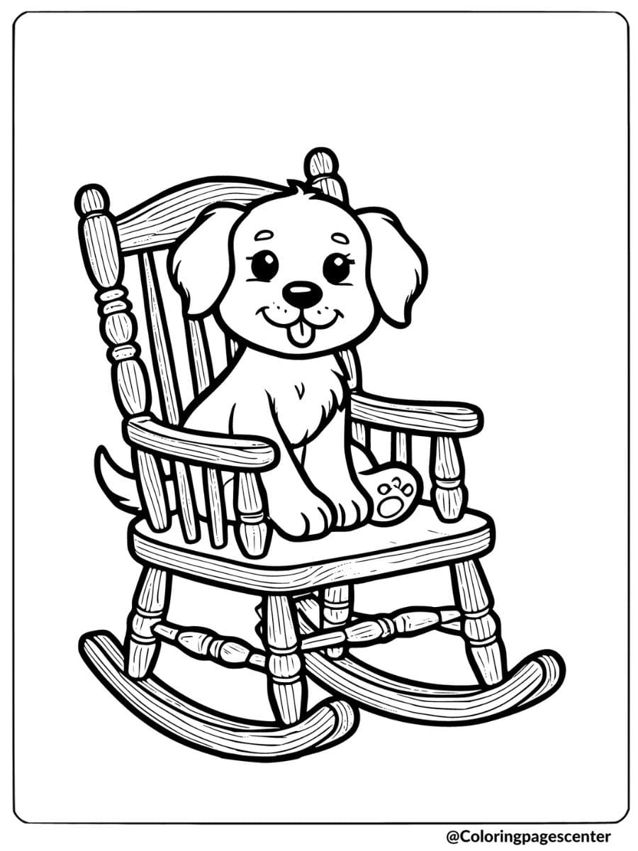 Easy dog coloring page of a dog sitting on a wooden rocking chair