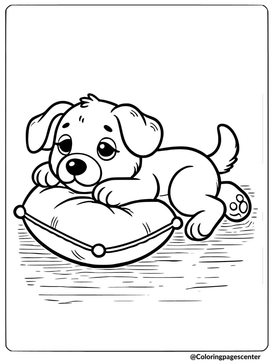 Easy dog coloring page of a dog lying comfortably on a soft cushion