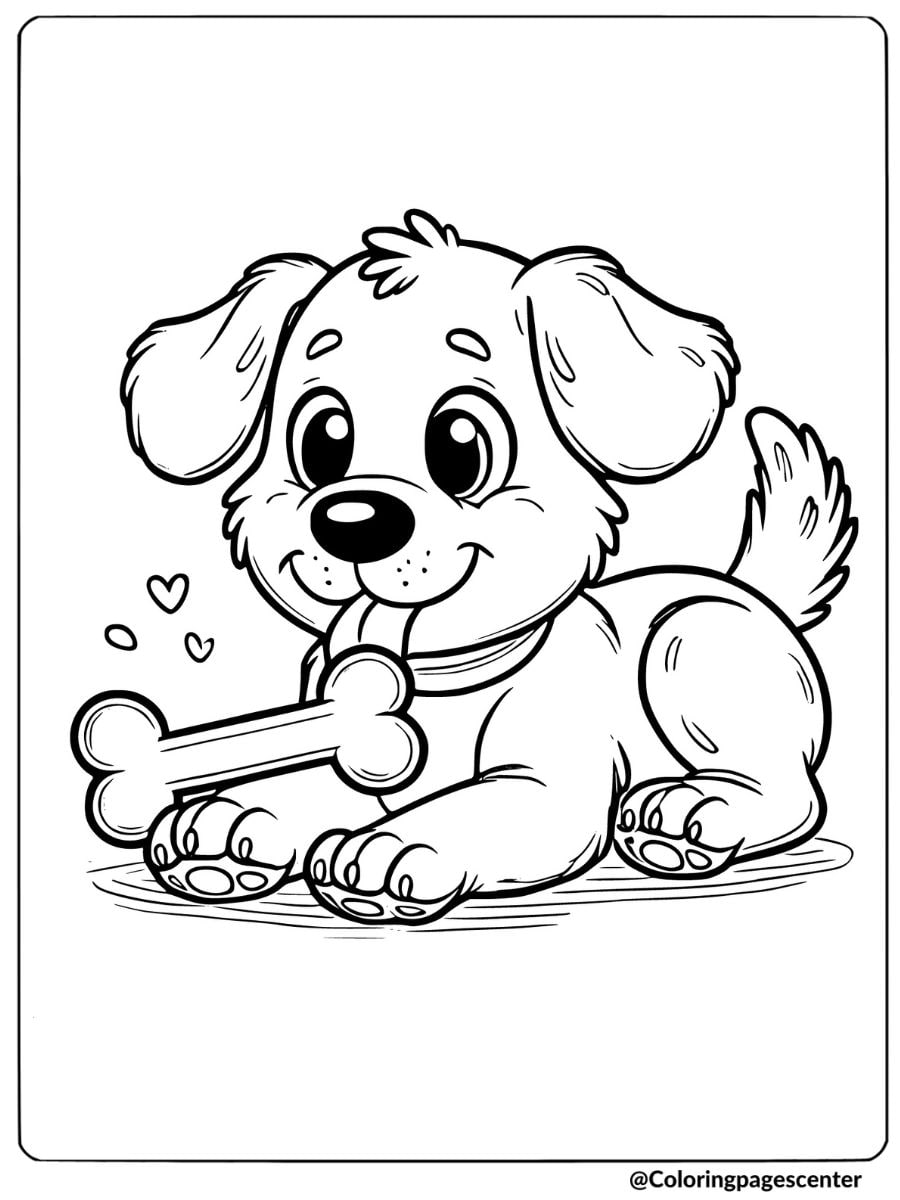 Easy dog coloring page of a happy dog holding a bone with hearts around