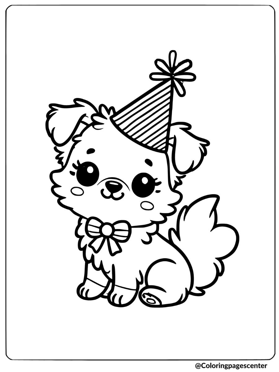 Easy dog coloring page of a dog dressed for a party with a birthday hat