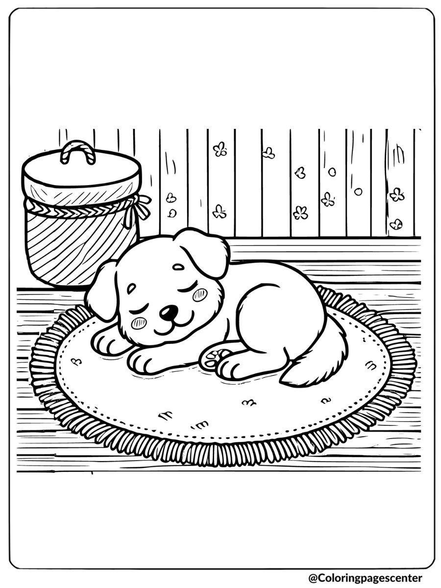 Easy dog coloring page of a dog sleeping peacefully on a cozy rug indoors