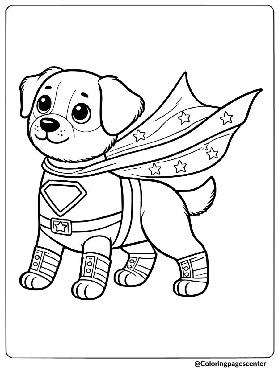 Easy dog coloring page featuring a superhero puppy with a starry cape