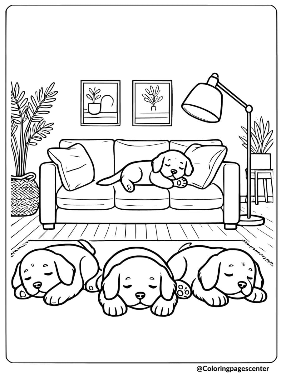 Four dogs napping on the rug and sofa in the living room coloring page