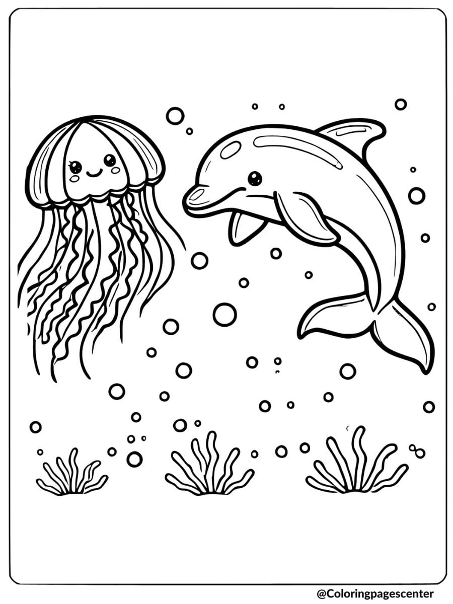 Friendly jellyfish and dolphin swimming together coloring page