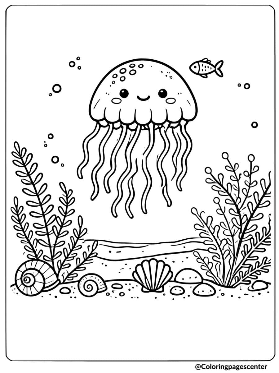 Smiling jellyfish with sea shells and plants coloring page