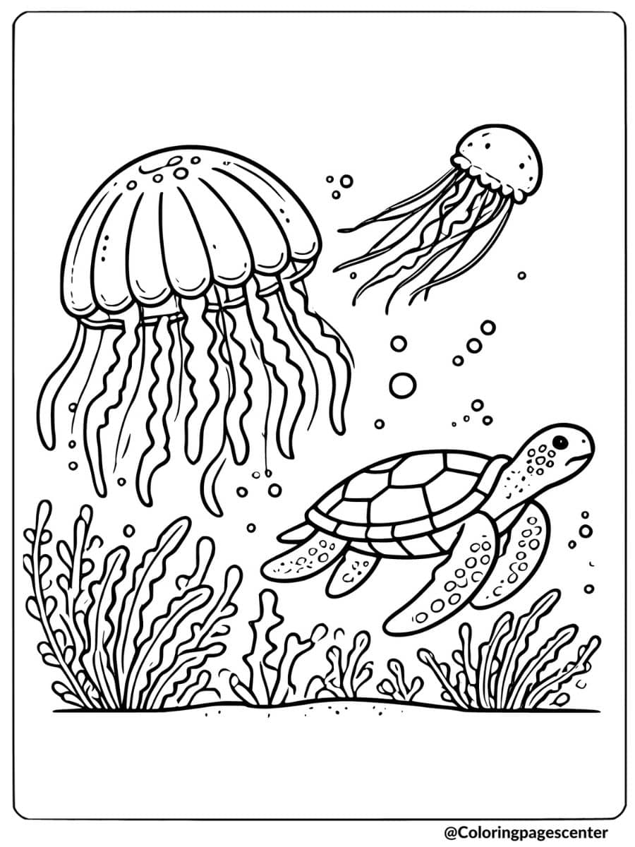 Jellyfish and sea turtle in an underwater scene coloring page