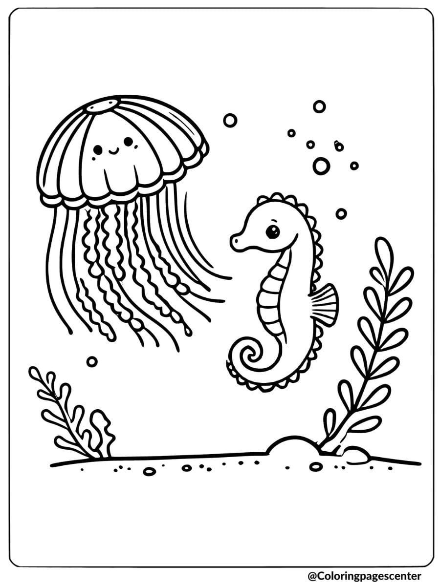 Playful jellyfish and seahorse under the sea coloring page