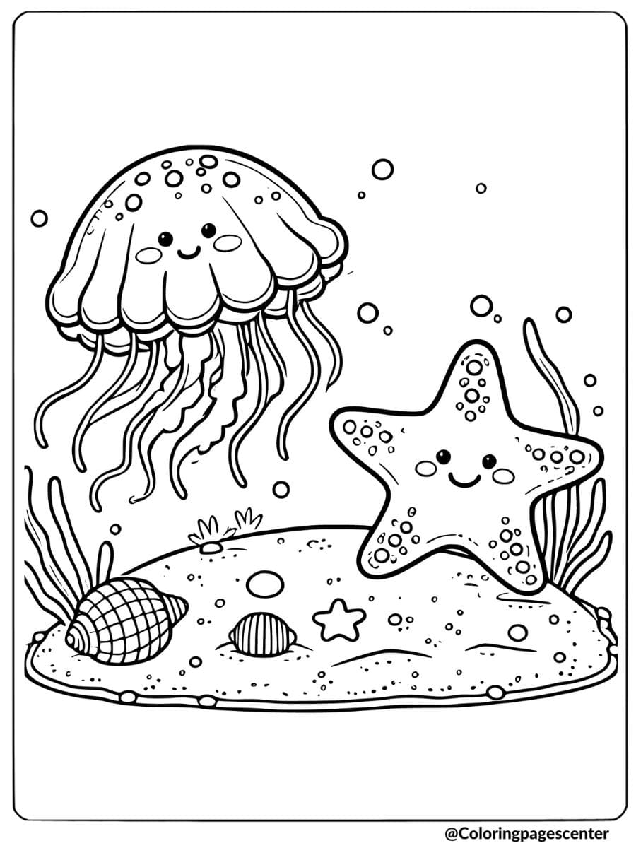 Happy jellyfish and starfish on the ocean floor coloring page