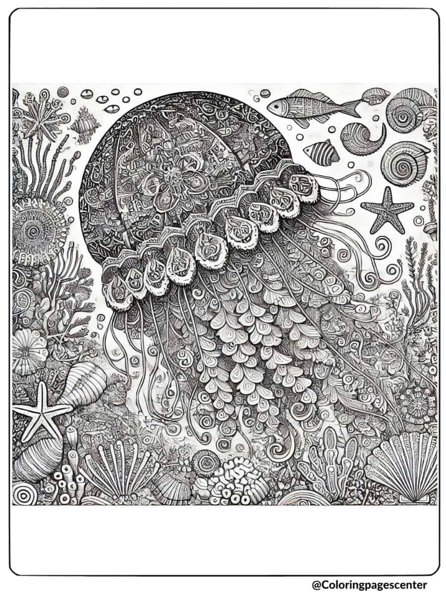 Coloring Page for Adults of Patterned Jellyfish