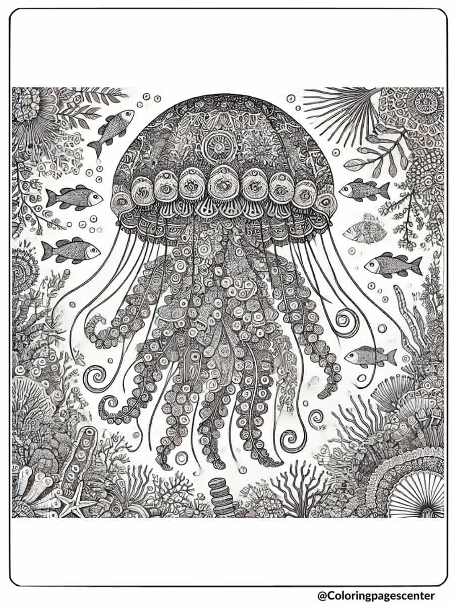 Coloring Page for Adults of Detailed Jellyfish