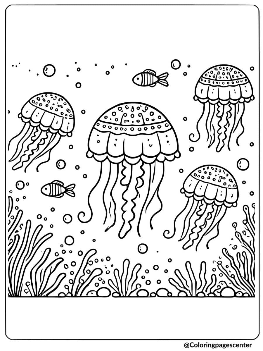 Jellyfish family with fish and sea plants coloring page