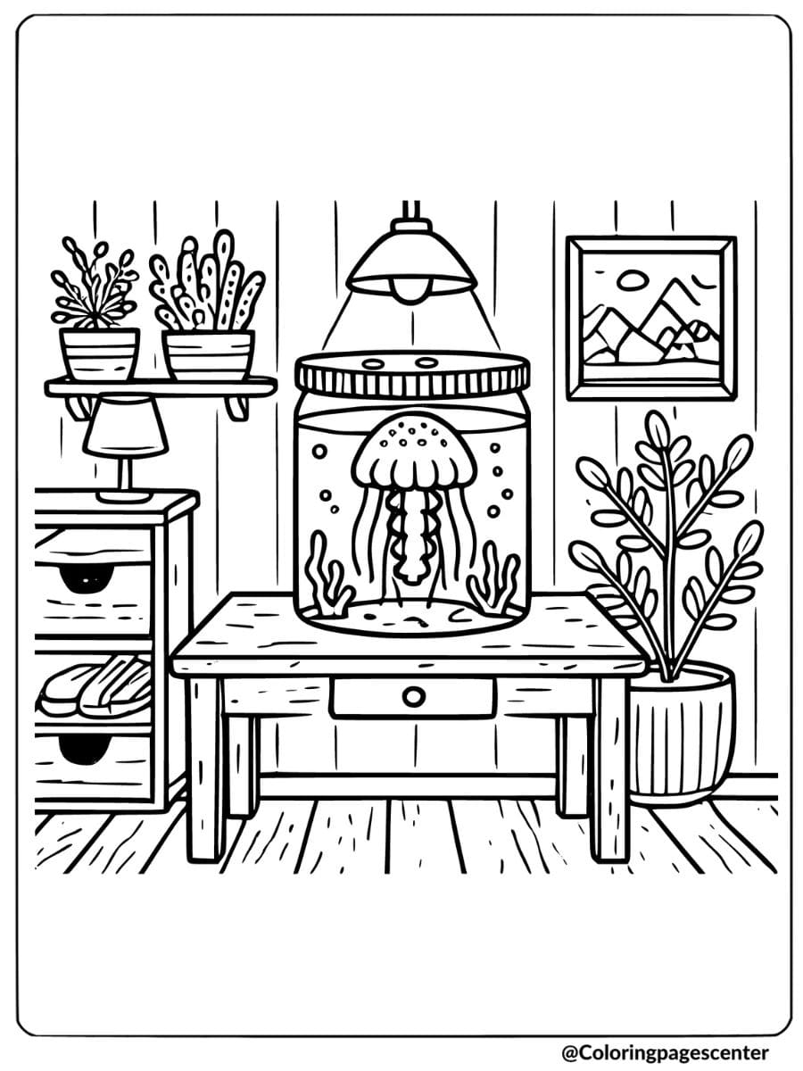 Jellyfish in a tank inside a cozy room coloring page