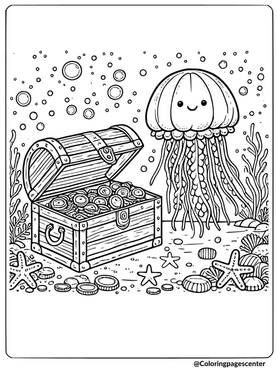 Cute jellyfish and treasure chest underwater coloring page