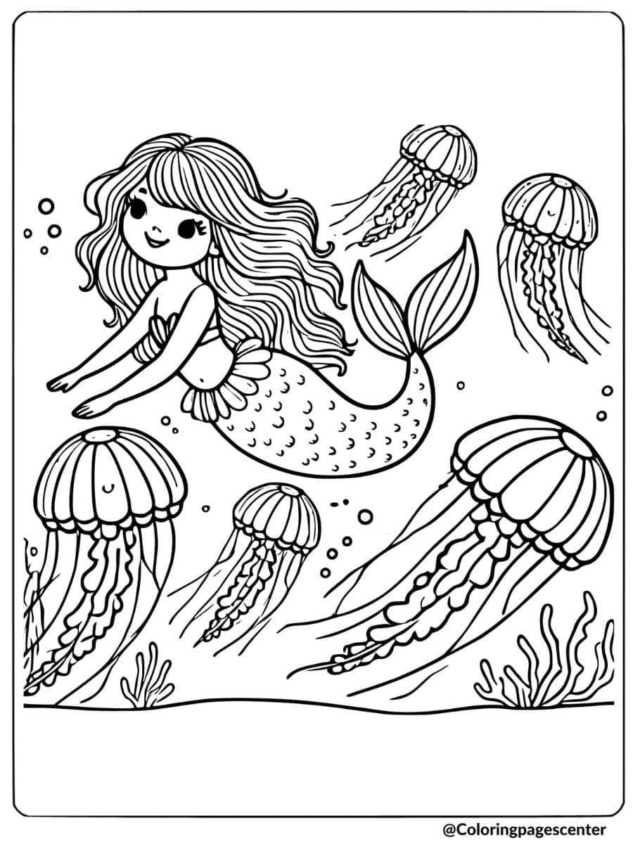 Mermaid and jellyfish in an underwater adventure coloring page