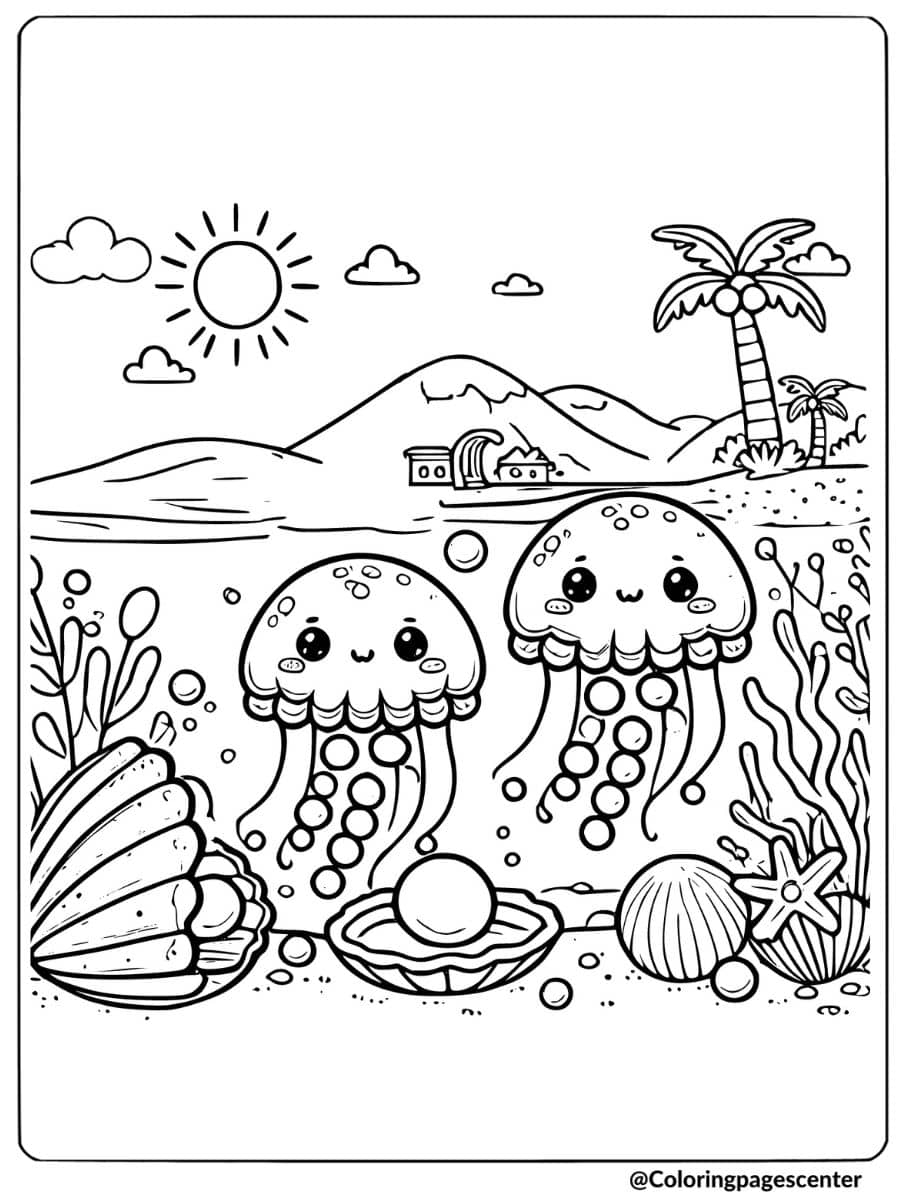 Two cute jellyfish with underwater scenery coloring page