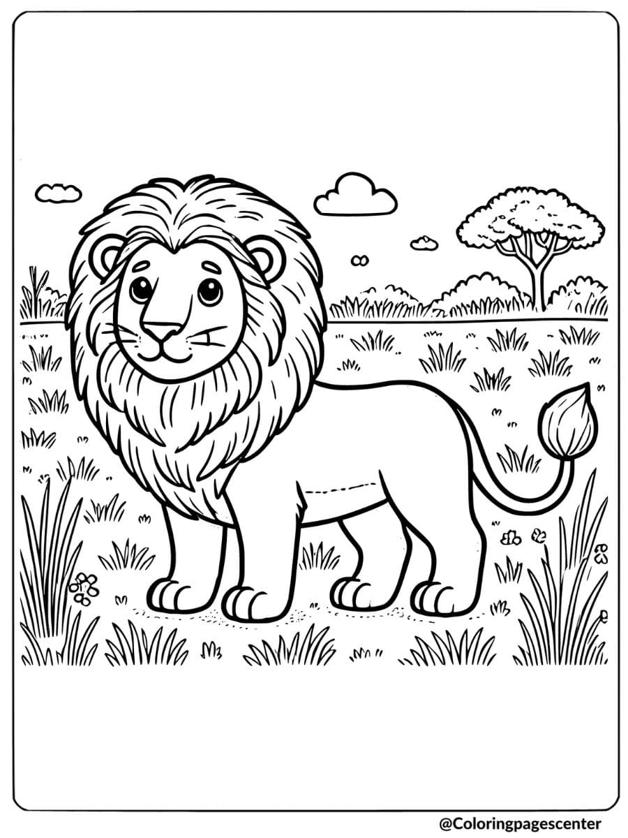 Brave lion in the grassland coloring page