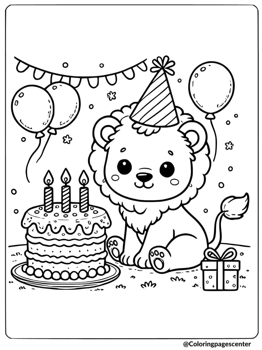 Cute lion with birthday cake and balloons coloring page