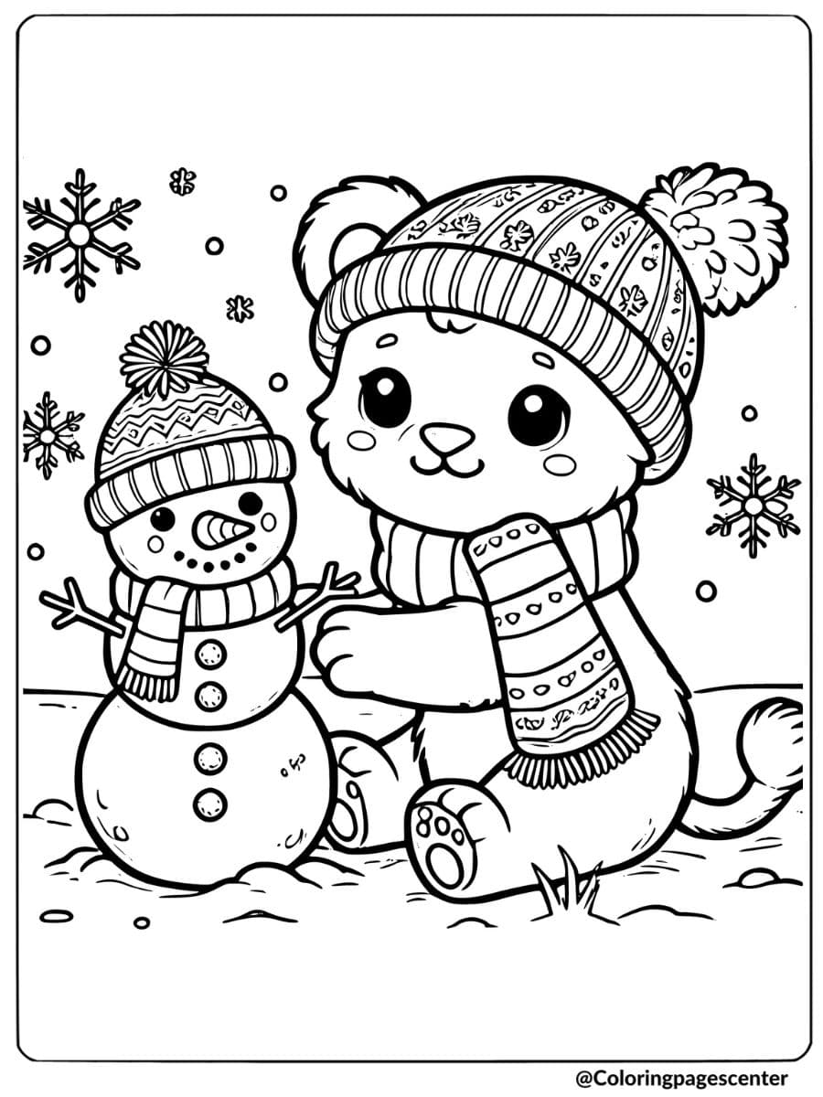 Cute lion building snowman in winter coloring page