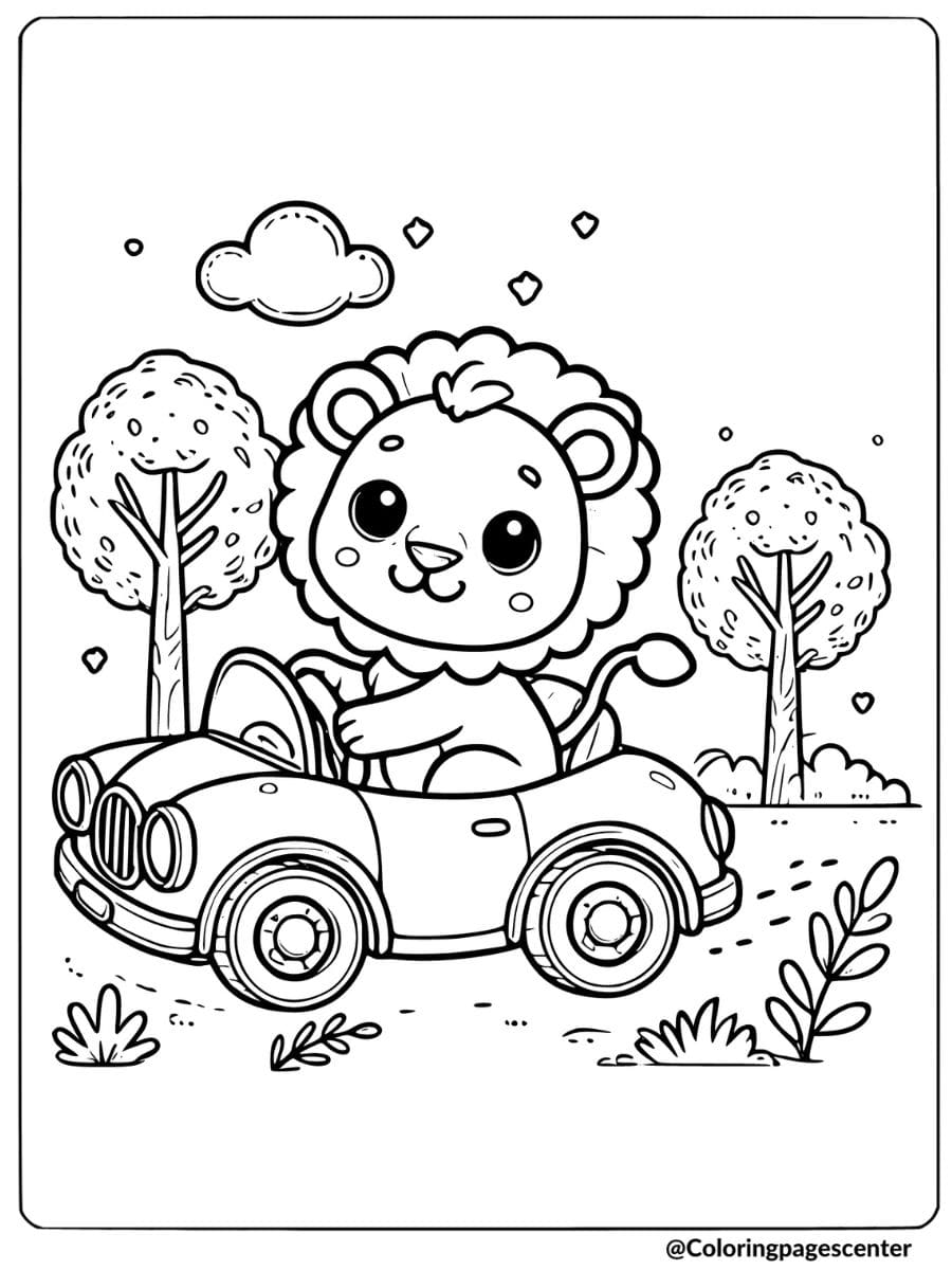 Cute lion driving car in park coloring page