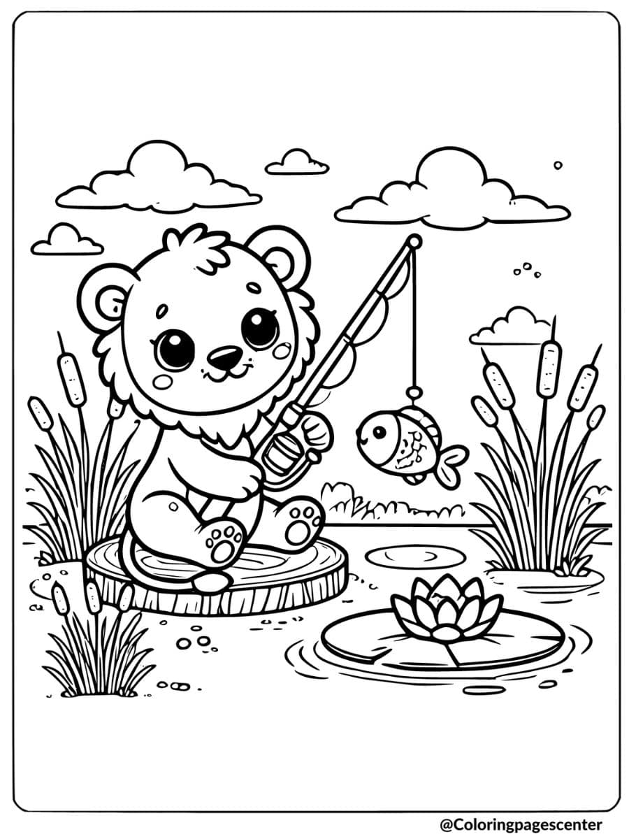 Cute lion fishing with fish on hook coloring page