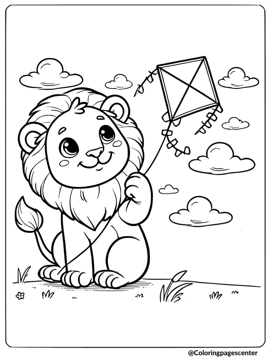 Cute lion flying kite on sunny day coloring page