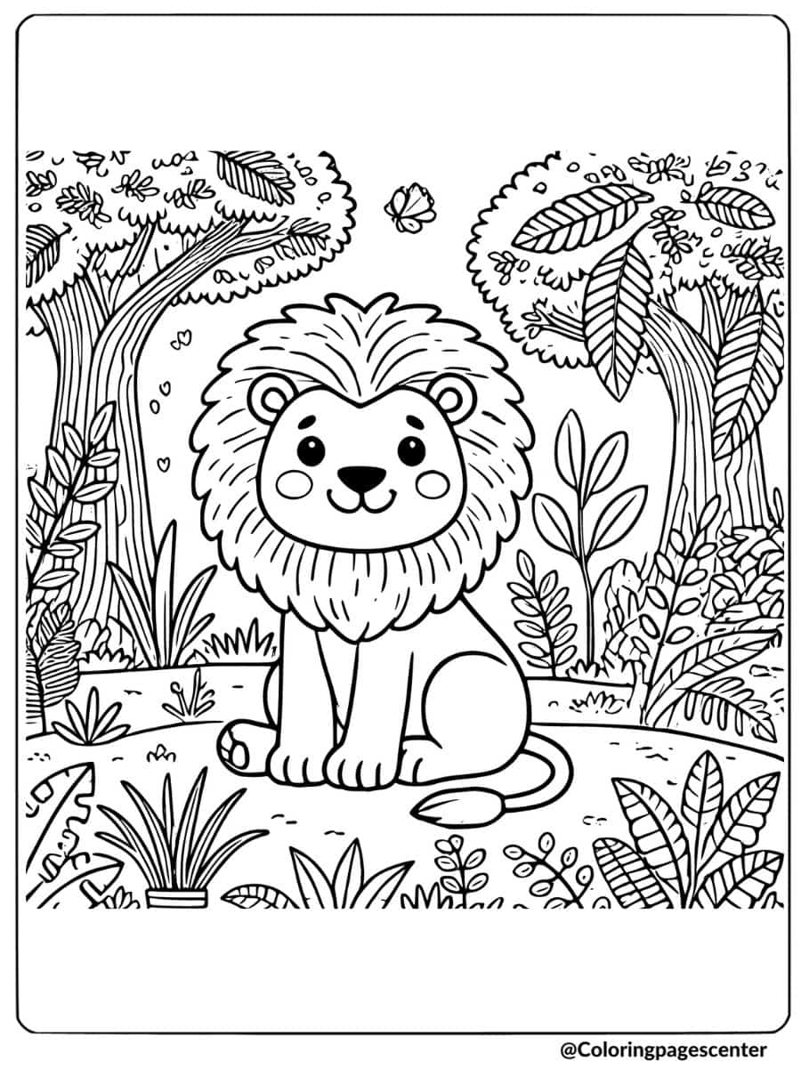 Cute lion sitting in jungle coloring page