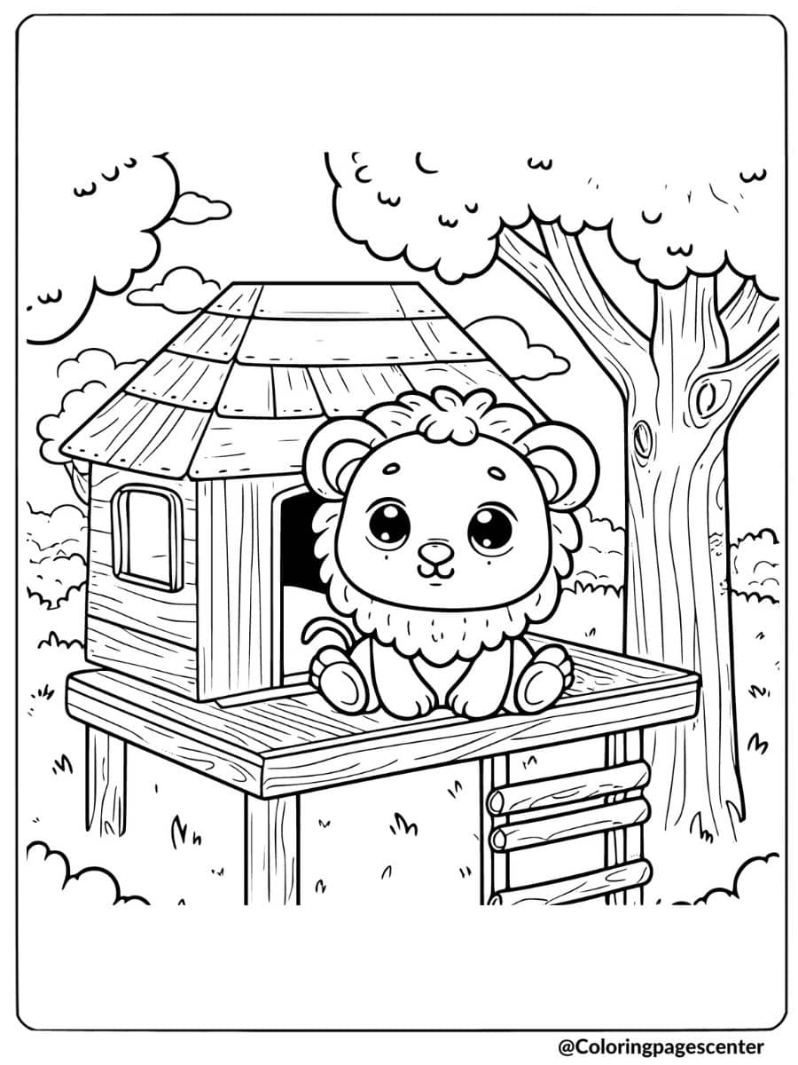 Cute lion sitting in treehouse coloring page