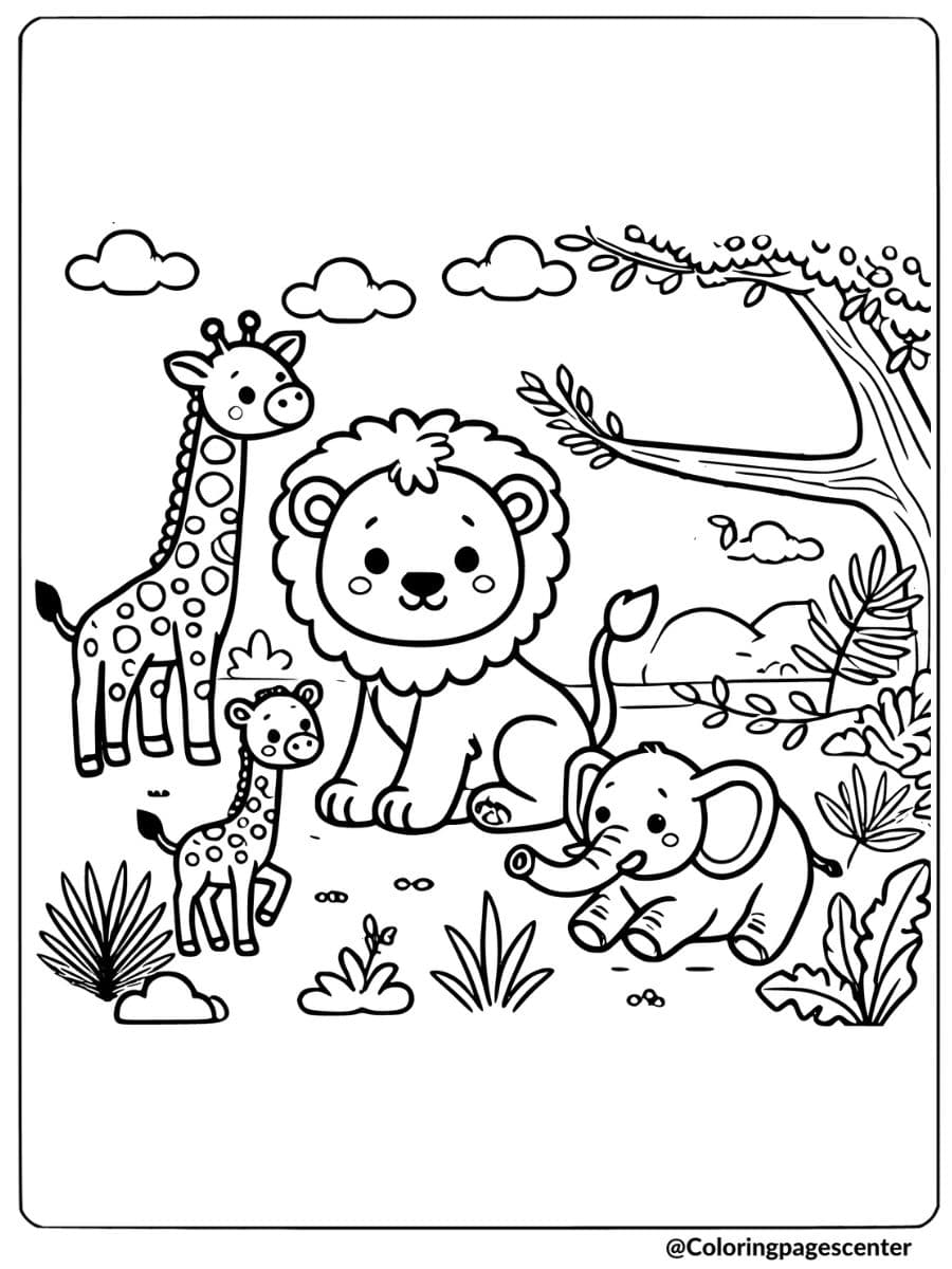 Cute lion with giraffe and elephant coloring page