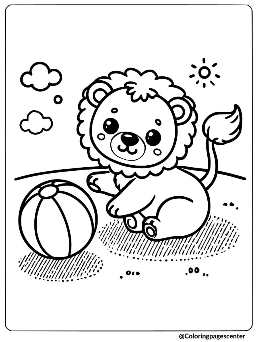 Lion cub with ball in meadow coloring page