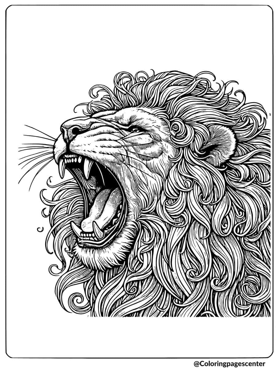 Roaring lion with detailed mane coloring page