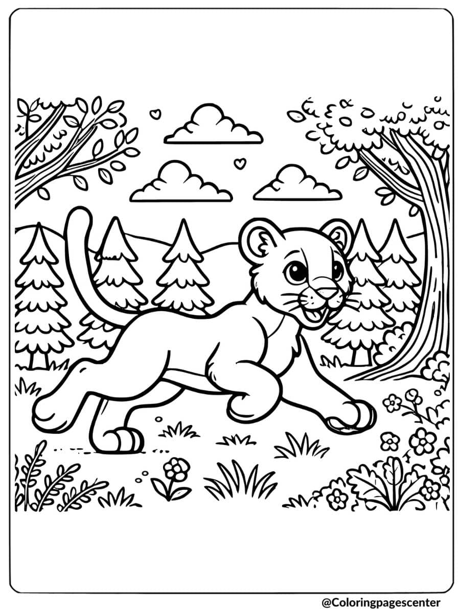 Happy lion cub running through forest coloring page