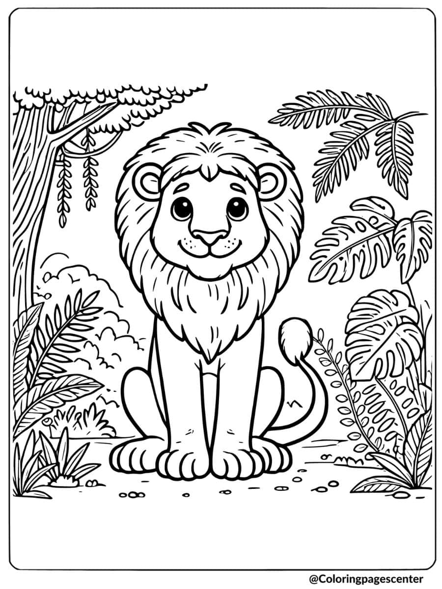 Happy lion in jungle with trees coloring page