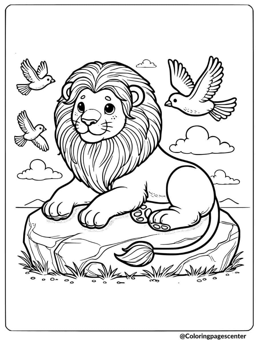 Lion sitting on a rock with birds flying coloring page