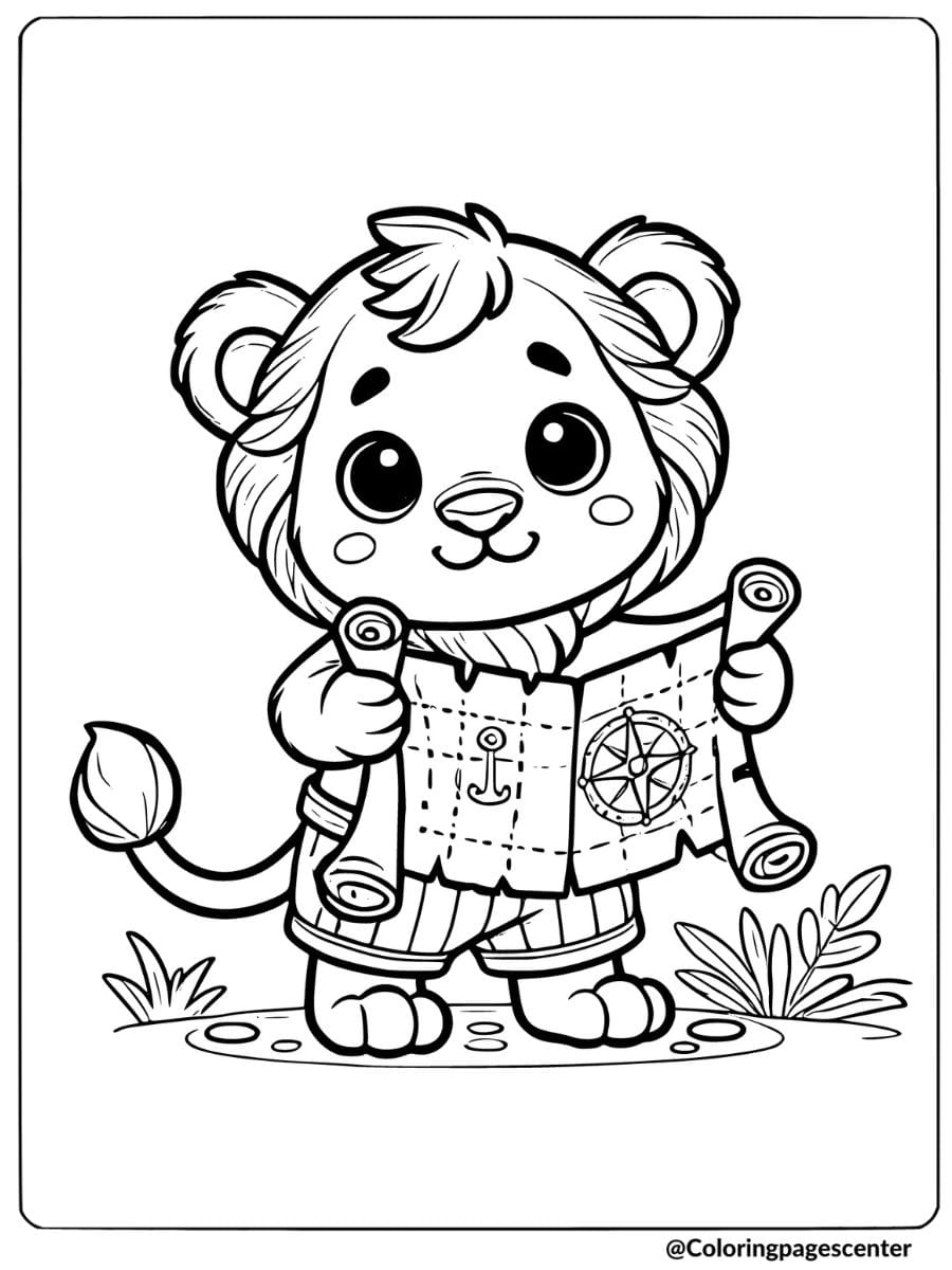 Lion holding a treasure map coloring page for kids