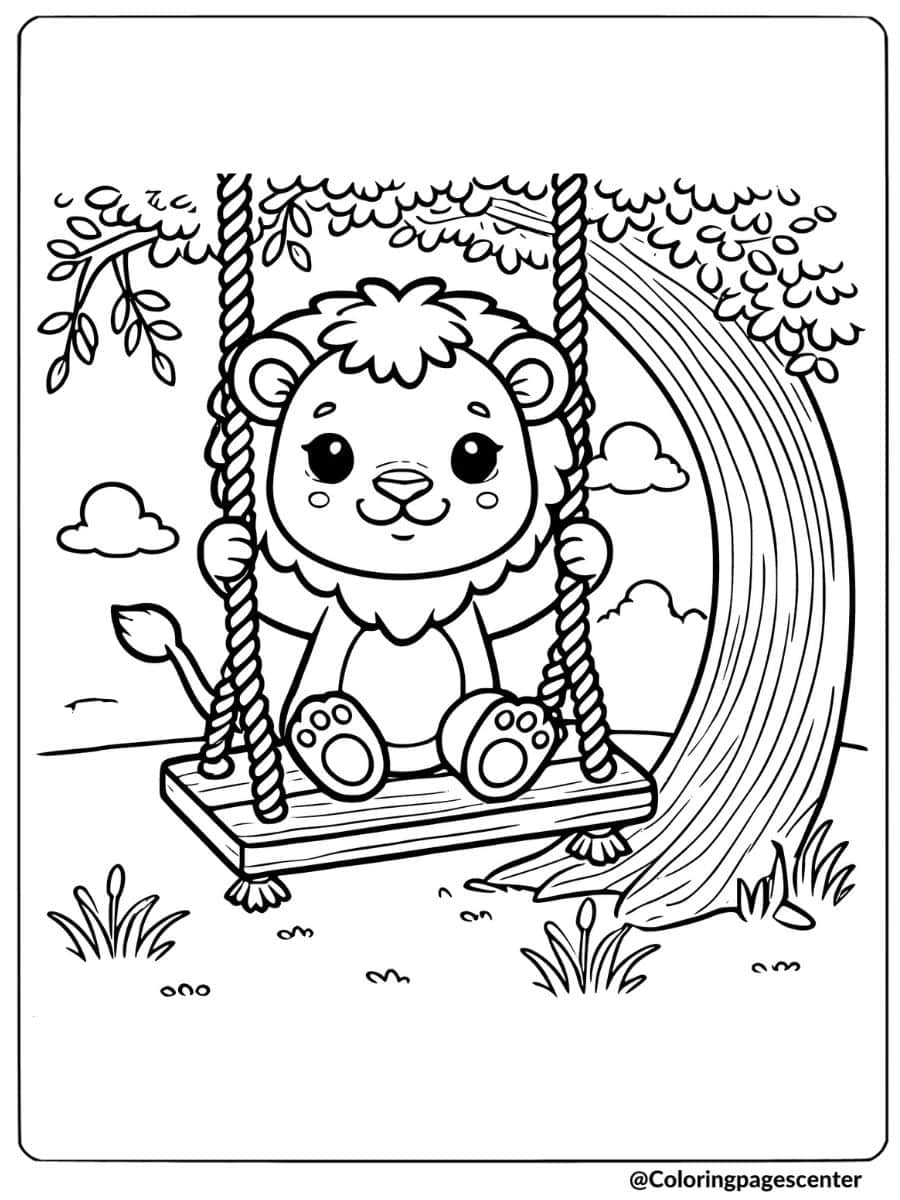 Lion cub swinging on a tree coloring page for kids