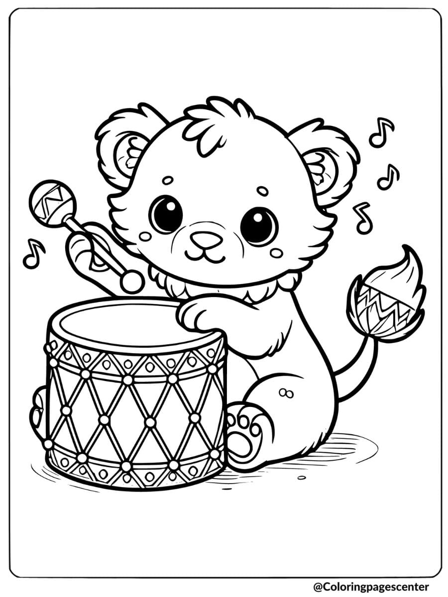 Lion playing a drum coloring page for kids