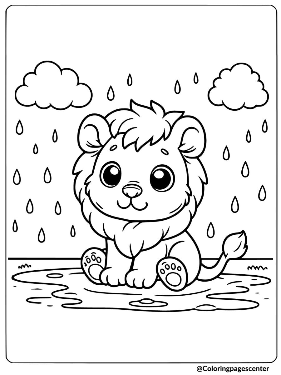 Lion sitting in the rain coloring page for kids