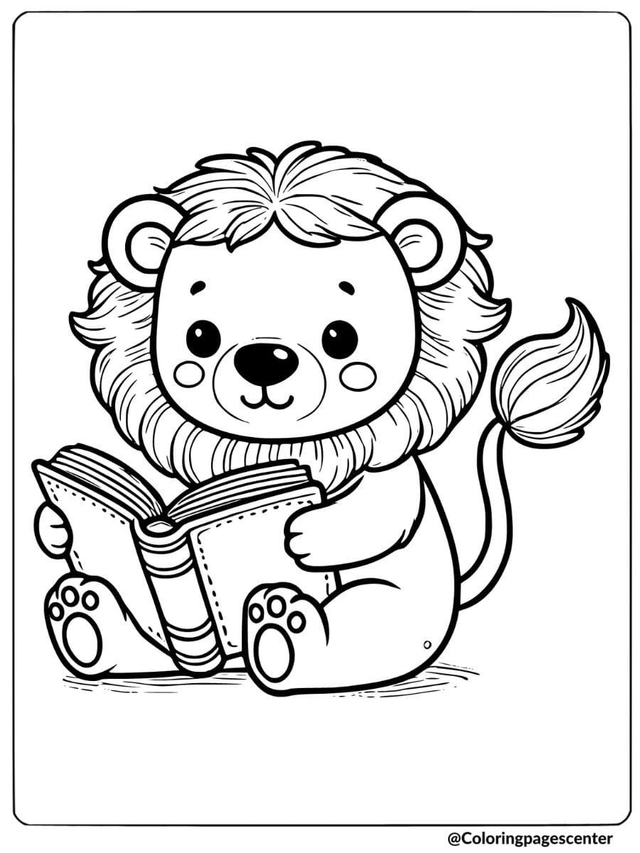 Lion reading a book coloring page for kids